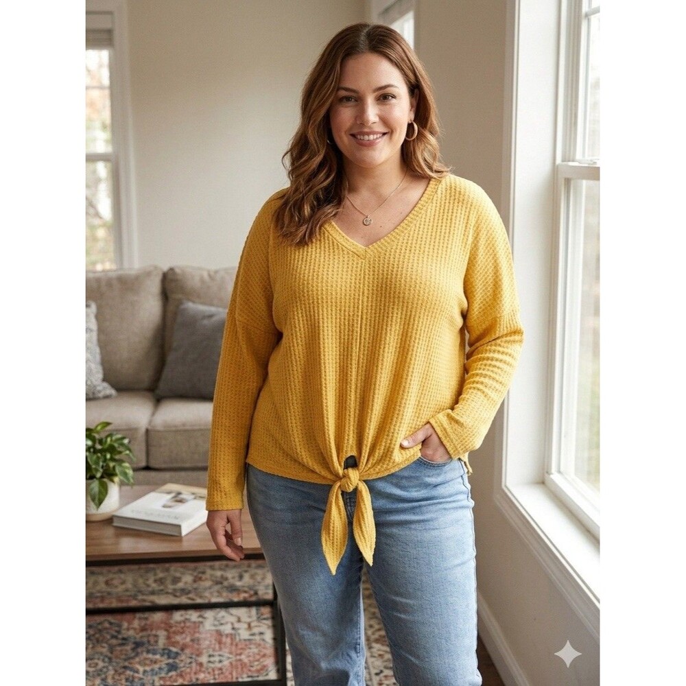 NWT ANGIE Yellow Knit Tie Front V-Neck Blouse Long Sleeve Lightweight Women M-XL